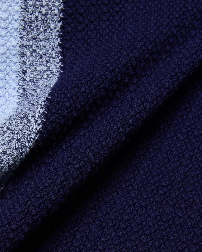 Mens Giles Relaxed Fit Border Knit Shirt, a textured navy blue knit with a distinct vertical marled stripe in light blue and heathered white.