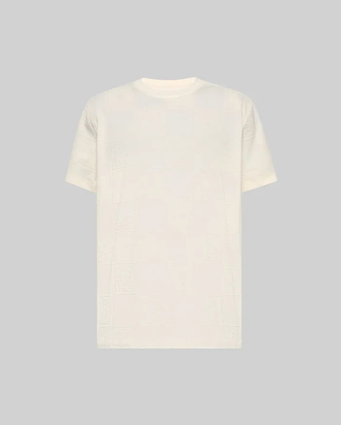 Cream Mens Gio Tee with an all-over subtle embossed checkerboard pattern featuring Psycho Bunny logos and text, in a classic fit soft jersey knit.