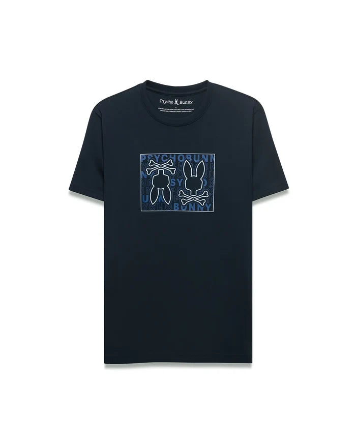 Mens Gold Coast Pima Cotton Graphic Tee, a classic fit navy jersey t-shirt featuring a large chest graphic with a light blue outline of the Psycho Bunny skull logo and text.