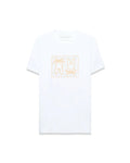 Mens Gold Coast Pima Cotton Graphic Tee. White classic fit Pima cotton jersey t-shirt with a large orange outline Psycho Bunny skull graphic on the chest, featuring repeating brand text inside, and a small logo on the back neck.