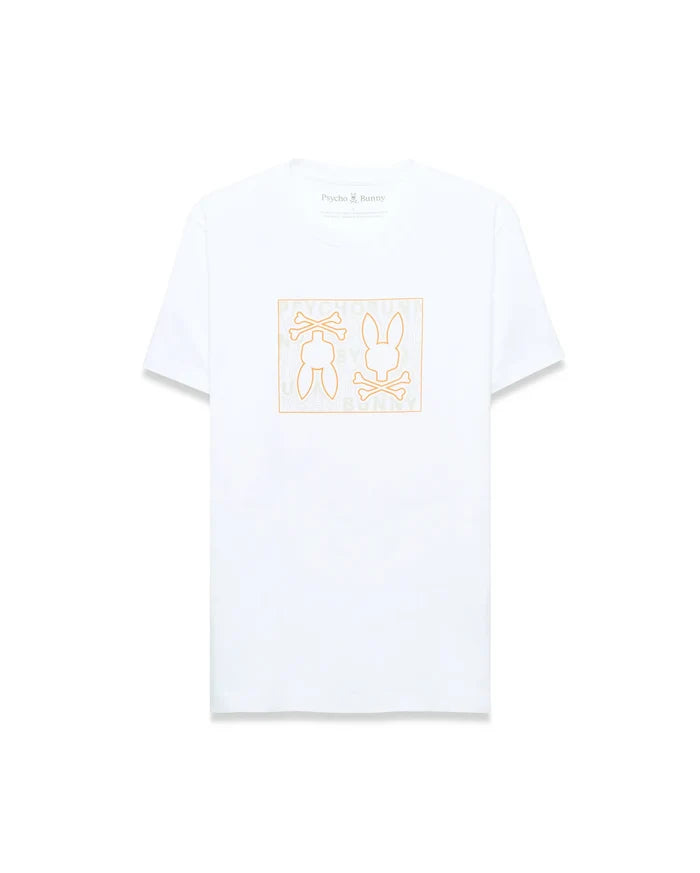 Mens Gold Coast Pima Cotton Graphic Tee. White classic fit Pima cotton jersey t-shirt with a large orange outline Psycho Bunny skull graphic on the chest, featuring repeating brand text inside, and a small logo on the back neck.
