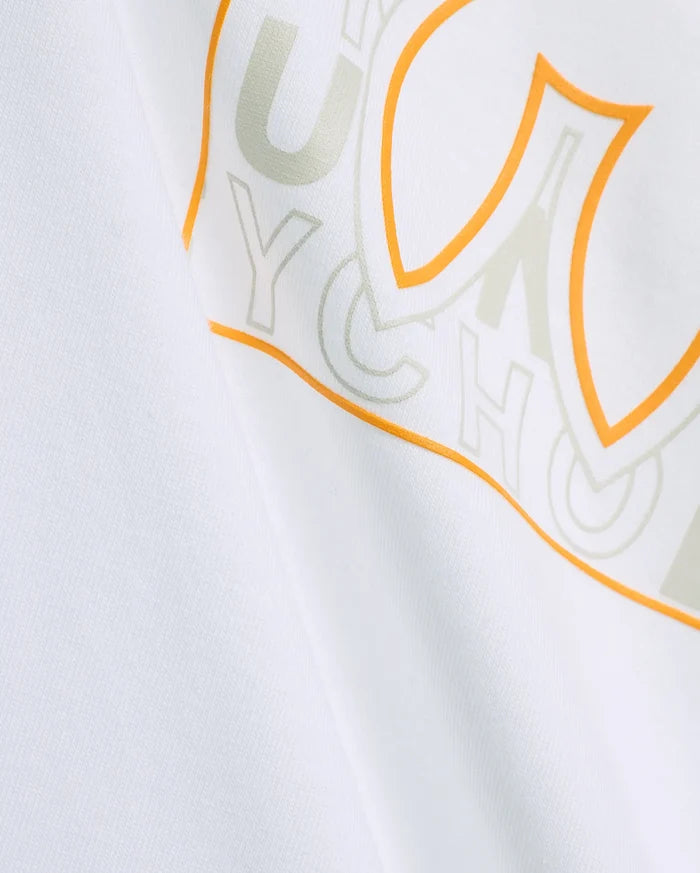 White Pima cotton jersey graphic tee, showcasing a large, bold orange outlined print with subtle light grey Psycho Bunny text. Mens Gold Coast Pima Cotton Graphic Tee.