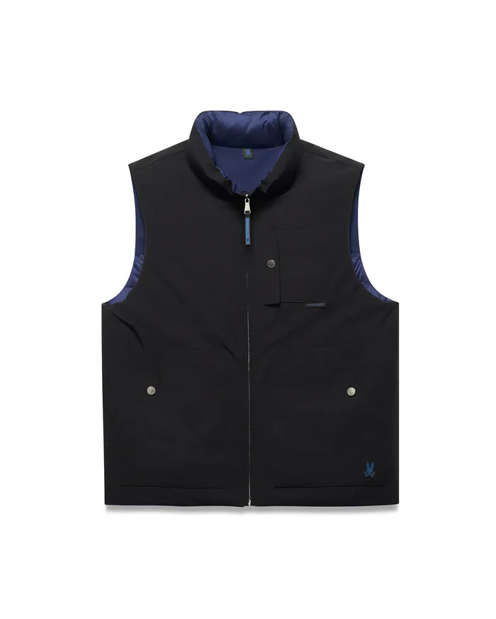 Mens Gordler Reversible Vest in black smooth fabric with a navy blue interior, featuring a full zip, stand collar, chest pocket, two lower snap pockets, and a blue embroidered Psycho Bunny skull logo.