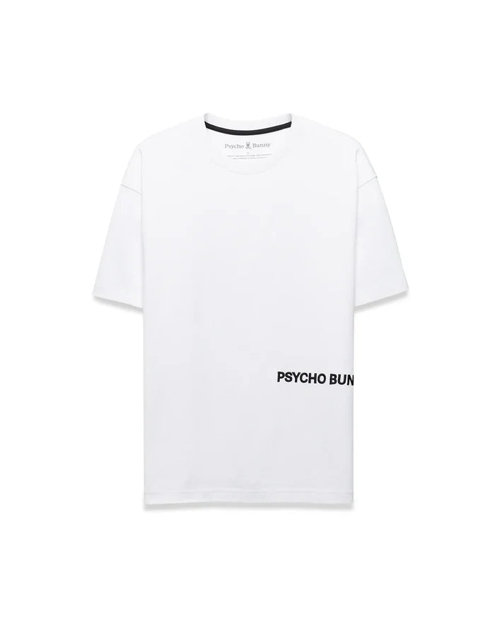 Mens Haiden Relaxed Heavy Weight Tee, a white relaxed fit heavy weight jersey t-shirt featuring black inner neck tape, small Psycho Bunny neck label logo, and large black PSYCHO BUNNY graphic on lower right front.