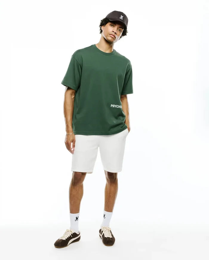 Dark green Mens Haiden Relaxed Heavy Weight Tee with a relaxed fit, featuring white PSYCHO text on the left chest, crafted from smooth, heavy jersey fabric.