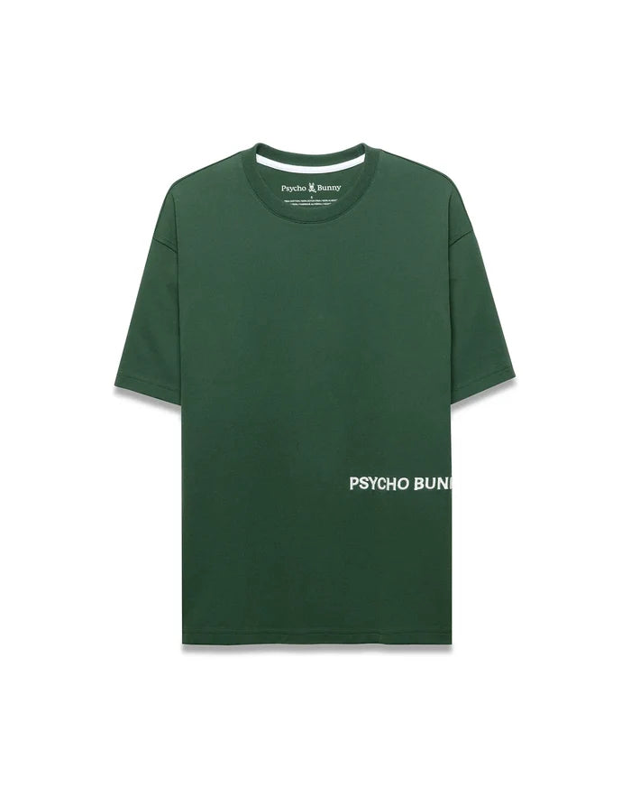 Mens Haiden Relaxed Heavy Weight Tee in dark green jersey, featuring a small embroidered Psycho Bunny skull logo on the left chest and large white PSYCHO BUNNY text printed vertically on the lower left front.
