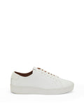 The Vince Camuto Men’s Hallman Casual Sneaker is a white low-top shoe featuring white laces and a matching sole, shown from the side on a clean white background. Its smooth texture and minimal design make it a versatile fashion choice that complements any outfit.
