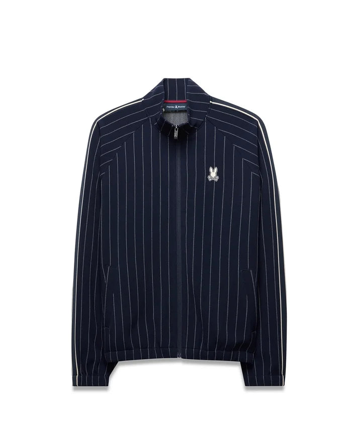 Mens Harland Double Weave Chalk Stripe Track Jacket, a navy full-zip track jacket with white pinstripes, white double stripe accents on sleeves, and an embroidered Psycho Bunny logo on the left chest.
