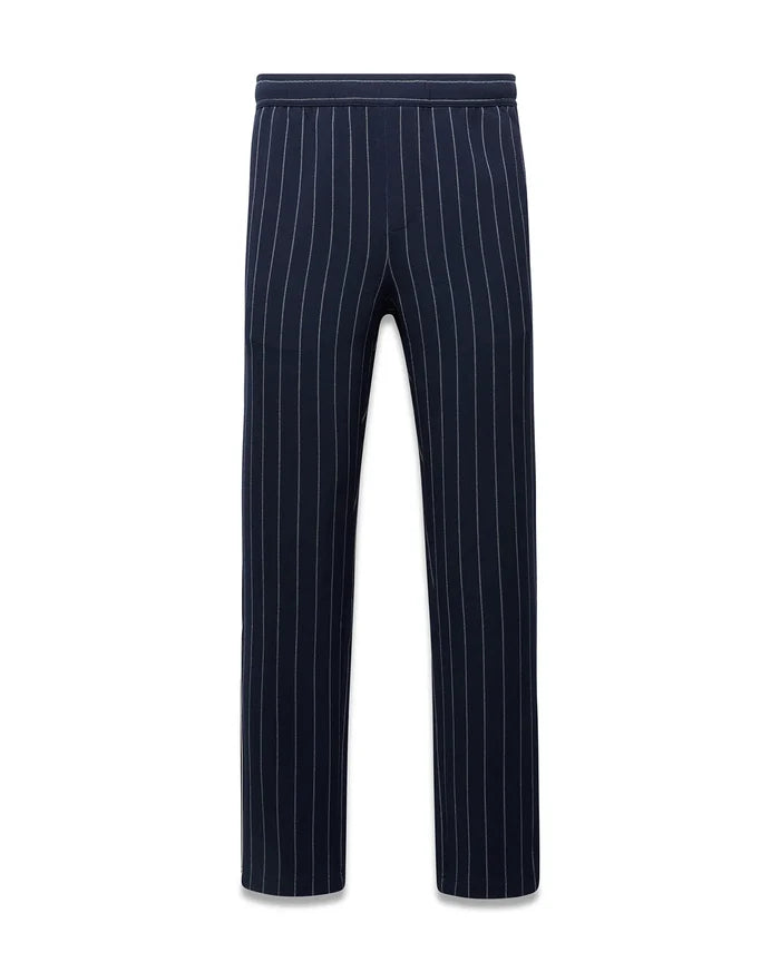 Mens Harland Double Weave Chalk Stripe Track Pant in navy with fine white vertical chalk stripes and a relaxed fit, featuring an elastic waistband.