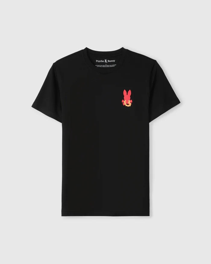 Introducing the Psycho Bunny Men's Hawaii City Tee in black, crafted from soft Pima cotton. This urban-edged T-shirt showcases a small pink bunny and yellow skull logo on the upper left chest against a plain backdrop.