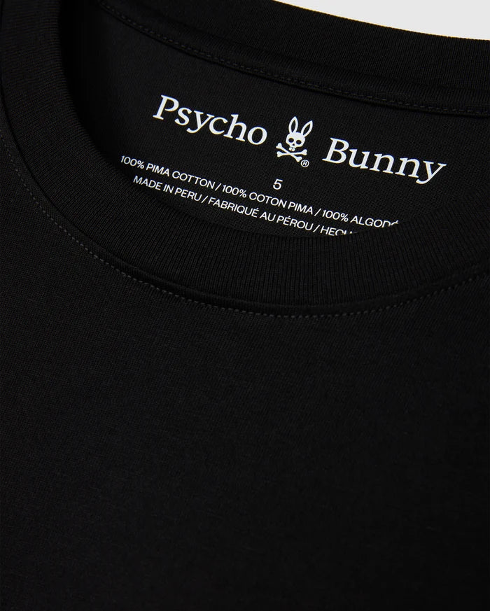 Close-up of the MENS HAWAII CITY TEE by Psycho Bunny, highlighting the black label inside the collar featuring its iconic logo and text indicating it's crafted from 100% Pima cotton, made in Peru.
