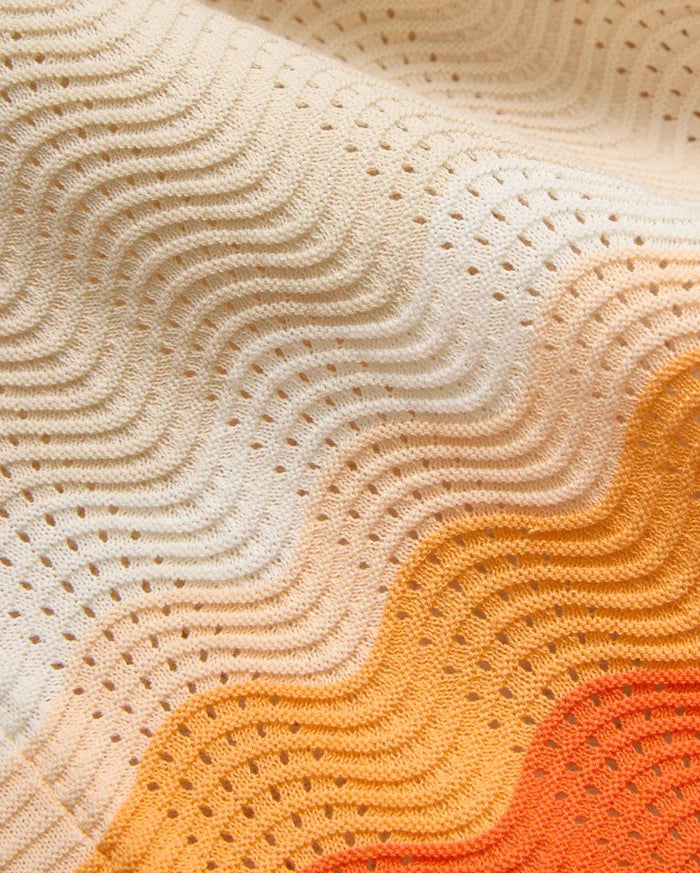 Mens Holden Relaxed Fit Knit Shirt featuring a cream to light orange to deep orange gradient with a wavy, perforated open-knit texture.