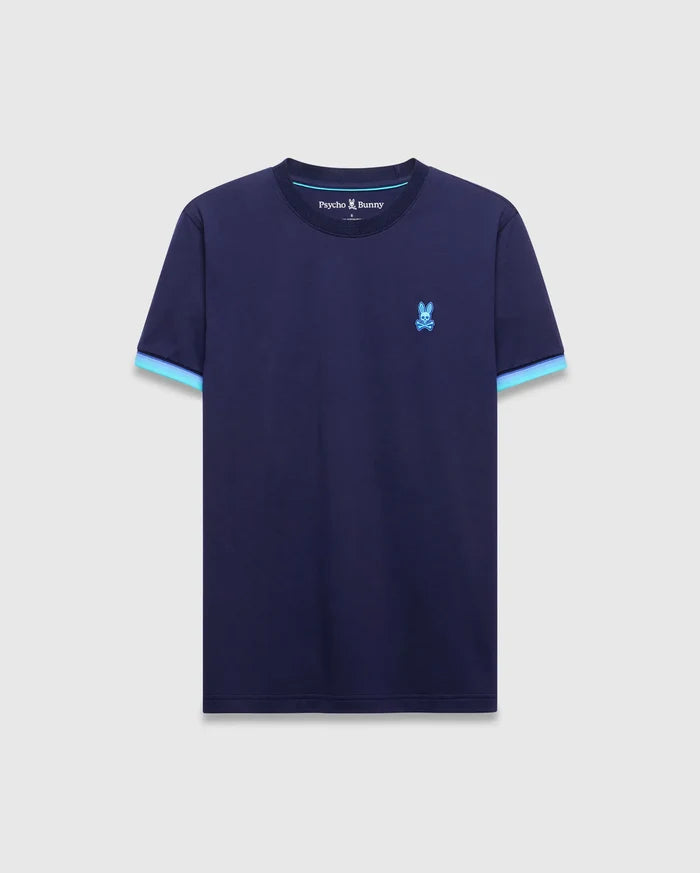 Mens Holden Tee, a navy blue classic fit jersey t-shirt with light blue striped sleeve cuffs and neck trim, featuring a small embroidered Psycho Bunny skull logo on the left chest.