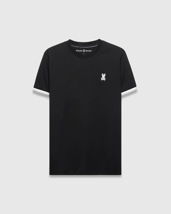 Mens Holden Tee, black classic fit jersey t-shirt with white ribbed sleeve cuffs and a small embroidered white Psycho Bunny skull logo on the left chest.