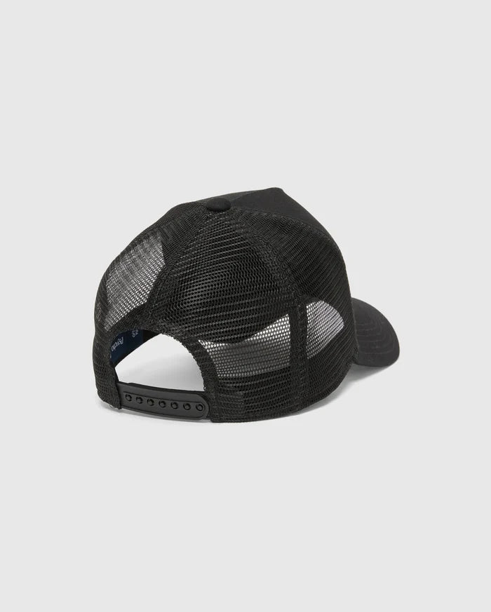 Black Mens Isaac Trucker Cap with a structured design, breathable mesh back panels, a classic curved brim, adjustable snapback closure, and a small blue Psycho Bunny tag.