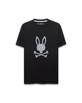 Black classic fit jersey knit T-shirt featuring a large central grey Psycho Bunny skull graphic filled with a repeating mini-bunny pattern, plus a white inner collar stripe. Mens Jaden Appliqué Graphic Tee.