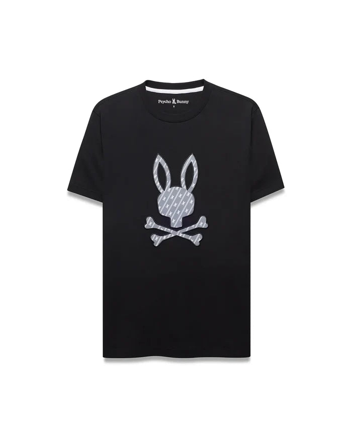 Black classic fit jersey knit T-shirt featuring a large central grey Psycho Bunny skull graphic filled with a repeating mini-bunny pattern, plus a white inner collar stripe. Mens Jaden Appliqué Graphic Tee.