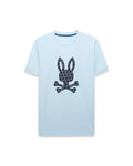 Mens Jaden Graphic Tee, a light blue classic fit jersey t-shirt featuring a large central dark blue Psycho Bunny skull logo graphic filled with a repeating mini-logo pattern, with subtle inner collar branding.