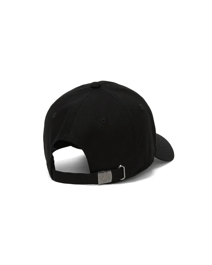 Black Mens Jaydon Baseball Cap in smooth cotton twill, featuring an adjustable strap and a gunmetal buckle with an engraved Psycho Bunny skull logo at the back.