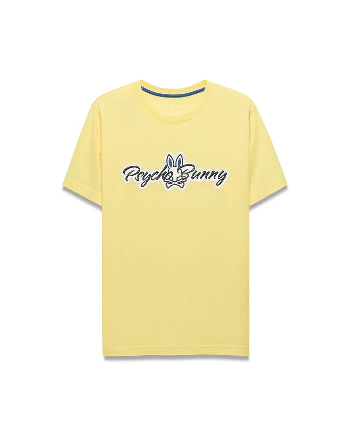 Mens Jaydon Wordmark Graphic Tee, a light yellow classic fit jersey t-shirt featuring blue neck tape and a large center chest Psycho Bunny wordmark graphic with white fill, blue ears, and black outline.