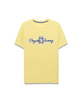 Mens Jaydon Wordmark Graphic Tee, a light yellow classic fit jersey t-shirt featuring blue neck tape and a large center chest Psycho Bunny wordmark graphic with white fill, blue ears, and black outline.