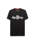 Black Mens Jaydon Wordmark Graphic Tee in classic fit jersey, featuring a large central white script Psycho Bunny wordmark with red outline and bunny skull logo, plus red neck tape.