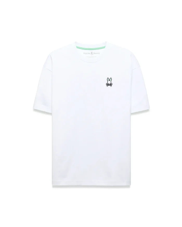 White Mens Jaydon Relaxed Fit Tee in smooth jersey knit, featuring a small embroidered Psycho Bunny skull logo on the left chest and green neck tape.