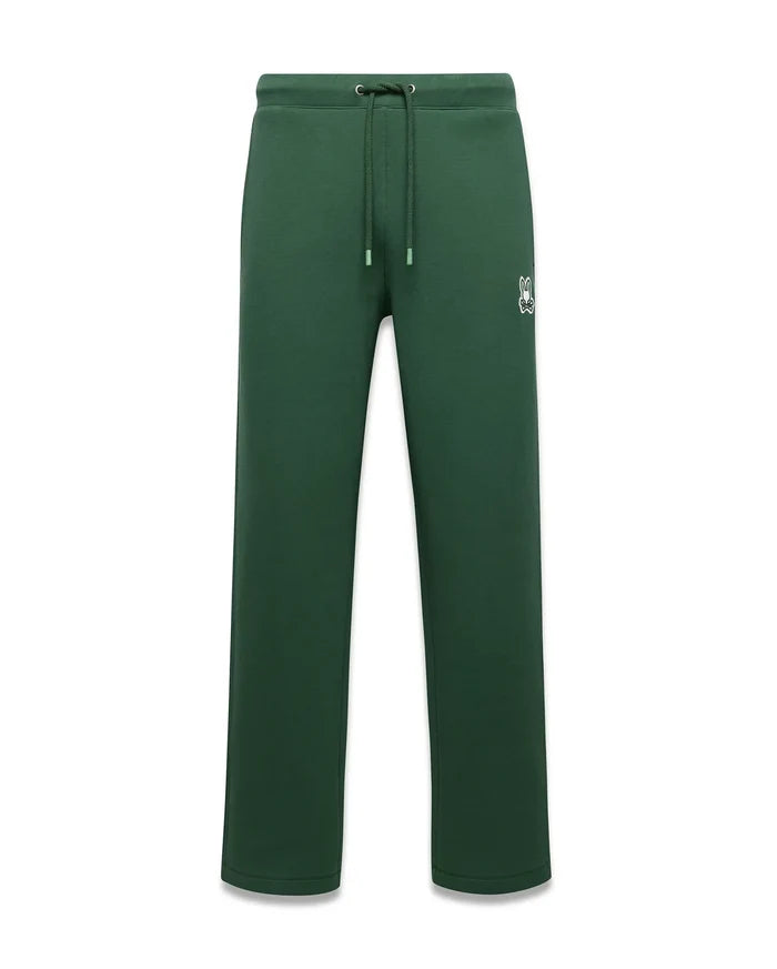 Mens Jaydon Track Pant, forest green, relaxed fit, smooth fabric, with a small white embroidered Psycho Bunny skull logo on the left thigh and a drawstring waist.