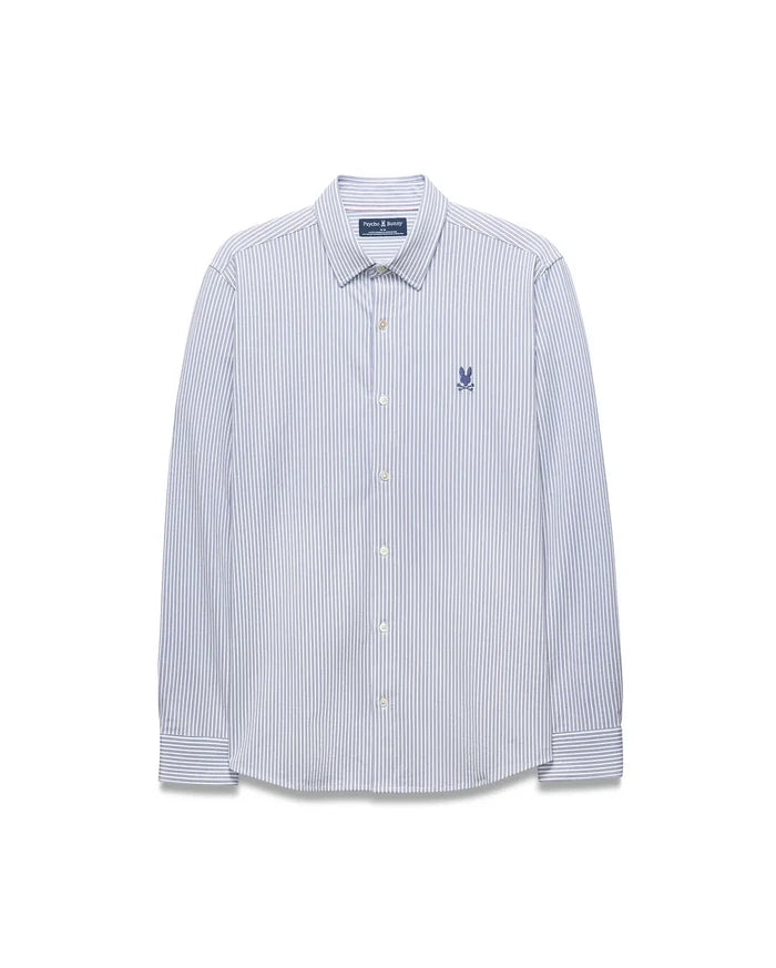 Mens Jim Stripe Jersey Knit L/S Shirt, a classic fit long-sleeve shirt with white and blue vertical stripes and a small embroidered blue Psycho Bunny skull logo on the left chest.