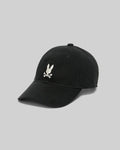 Black Jimmy Baseball Cap with a classic fit, featuring a prominent white embroidered Psycho Bunny skull logo on the front, made from durable cotton twill.