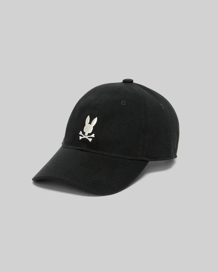 Black Jimmy Baseball Cap with a classic fit, featuring a prominent white embroidered Psycho Bunny skull logo on the front, made from durable cotton twill.