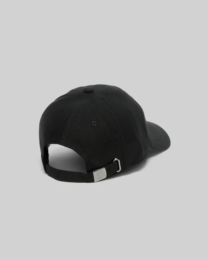 Jimmy Baseball Cap in black cotton twill, featuring a classic fit and an adjustable strap with a silver metal buckle engraved with the iconic Psycho Bunny skull logo at the back.
