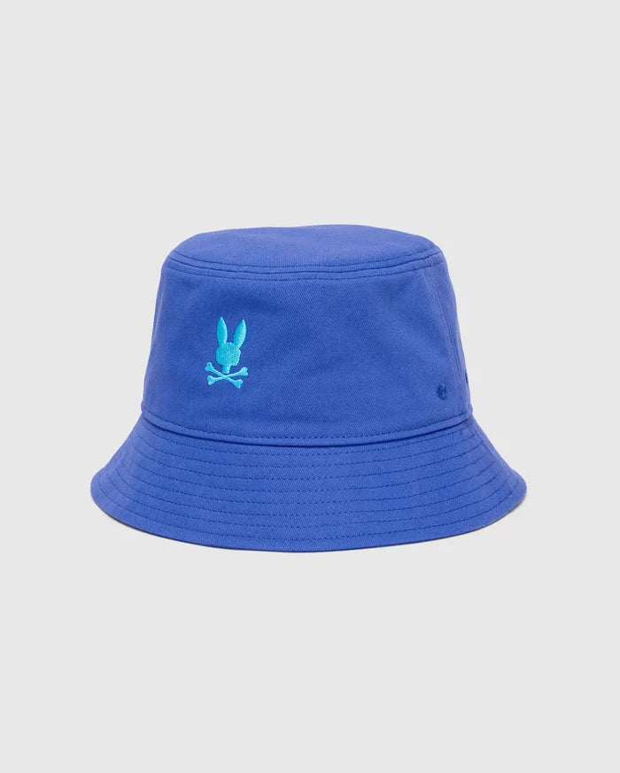 Mens Jimmy Bucket Hat in vibrant royal blue cotton twill, with visible brim stitching and a prominent embroidered turquoise Psycho Bunny skull logo on the front.