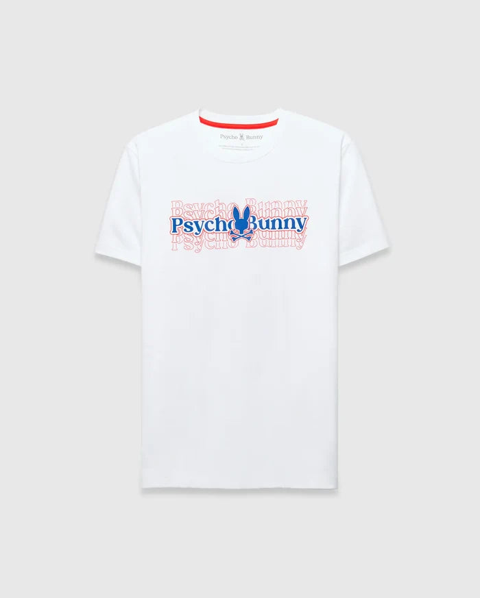 White Mens John Back Graphic Tee in classic fit jersey, featuring a bold blue Psycho Bunny skull logo and repeated red outline text graphic on the center chest, with a red inner neck trim.