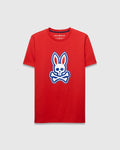 Mens John Graphic Tee, a vibrant red classic fit jersey knit t-shirt, showcasing a prominent centered white and blue Psycho Bunny skull logo graphic.