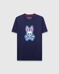 Mens John Graphic Tee, a classic fit navy jersey t-shirt featuring a large white, red, and blue Psycho Bunny skull logo graphic on the center chest and red neck tape.