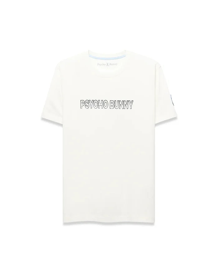 Mens Joji Wordmark Graphic Tee, a cream classic fit jersey t-shirt featuring a large outlined PSYCHO BUNNY chest graphic, blue neck tape, and a small blue Psycho Bunny tag on the left sleeve.