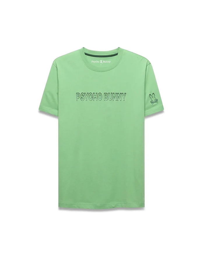 Mens Joji Wordmark Graphic Tee, vibrant light green classic fit jersey t-shirt with a large outlined PSYCHO BUNNY graphic on the chest and an embroidered bunny skull logo on the left sleeve.
