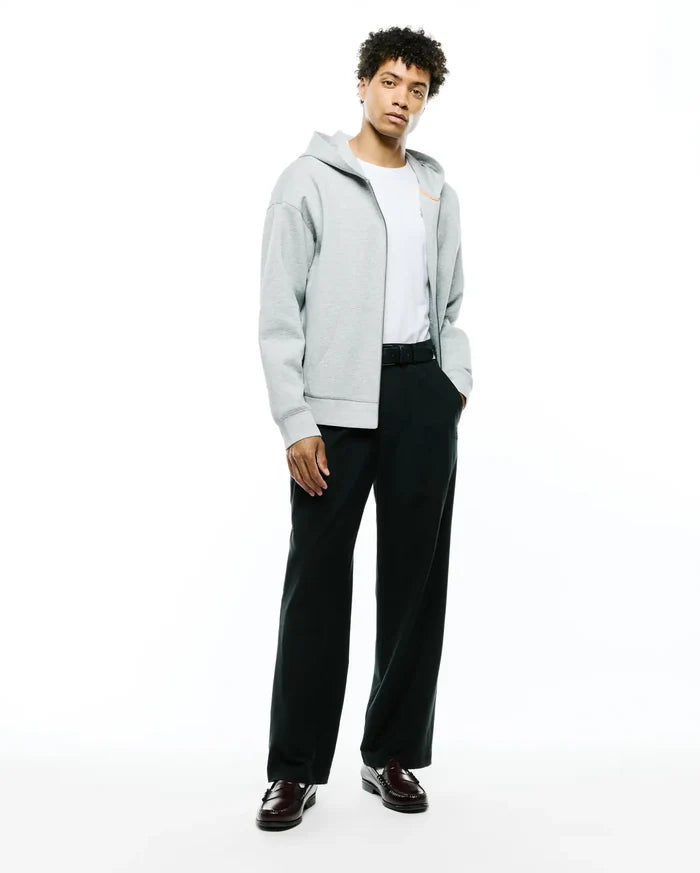 Mens Jonathan Zip Hoodie, a relaxed fit heather grey French terry full-zip hoodie featuring an orange zipper pull, drawstring hood, kangaroo pockets, and a small embroidered Psycho Bunny skull logo on the left chest.