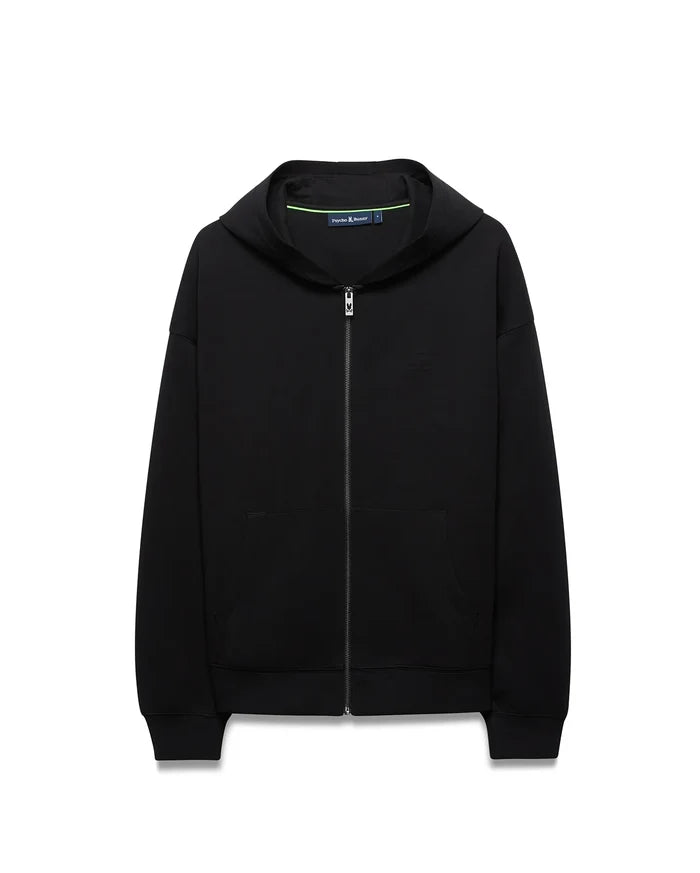 Mens Jonathan Zip Hoodie, black soft cotton, relaxed fit, featuring a tonal embroidered Psycho Bunny skull logo on the left chest, full silver zip with bunny skull pull, and green branded neck tape.