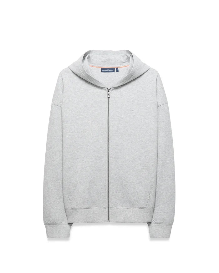 Mens Jonathan Zip Hoodie, a relaxed fit heather grey French terry full-zip hoodie with ribbed cuffs/hem, small embroidered Psycho Bunny logo on left chest, and a subtle tonal bunny skull detail.