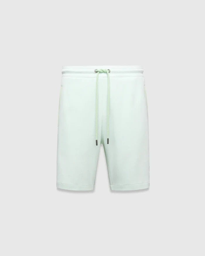 Mens Keith Short 8, light mint green pique knit shorts with a relaxed fit, elastic drawstring waist featuring silver eyelets and black-tipped drawstrings.