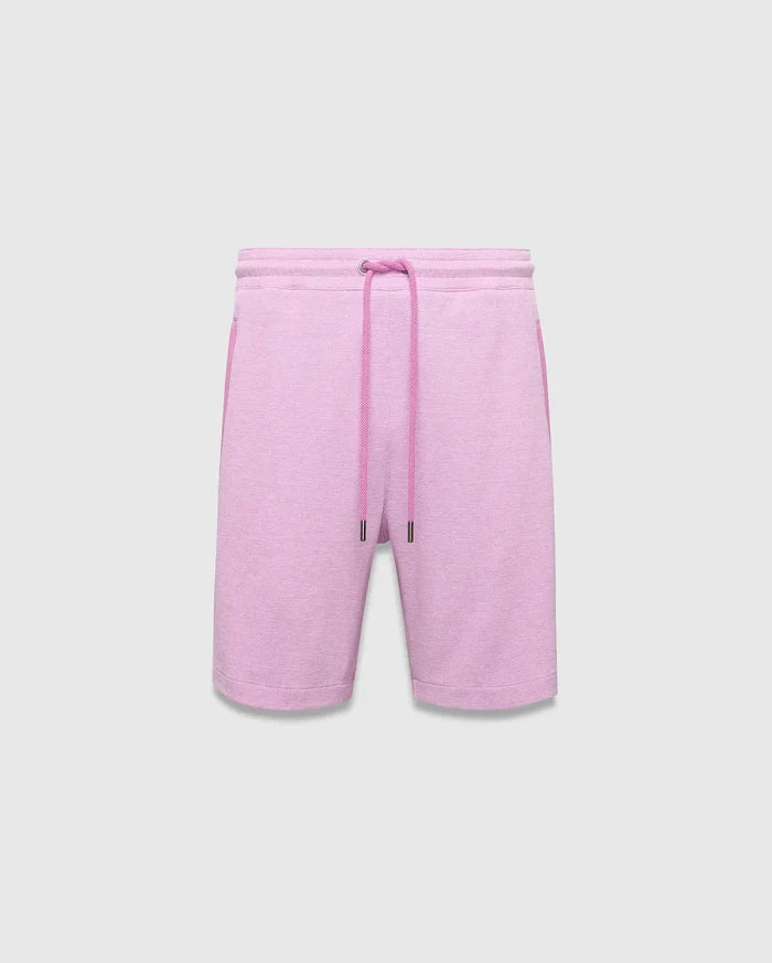 Mens Keith Short 8, a relaxed fit heathered light pink French terry short with an elastic drawstring waist, contrasting solid pink drawcords, and practical side pockets.