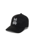 Mens Kenneth A-Frame Trucker Cap in black, featuring a prominent white embroidered Psycho Bunny skull logo on the front, crafted from smooth, durable fabric.