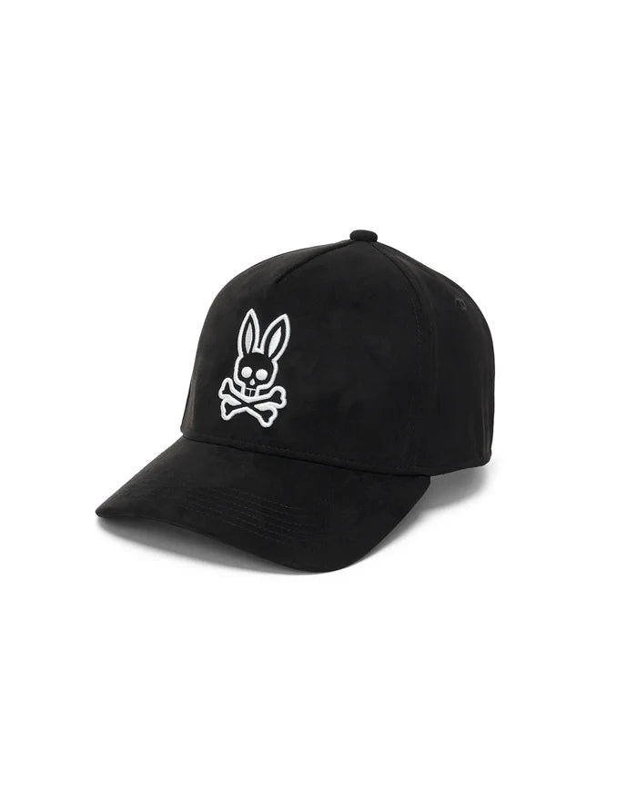 Mens Kenneth A-Frame Trucker Cap in black, featuring a prominent white embroidered Psycho Bunny skull logo on the front, crafted from smooth, durable fabric.