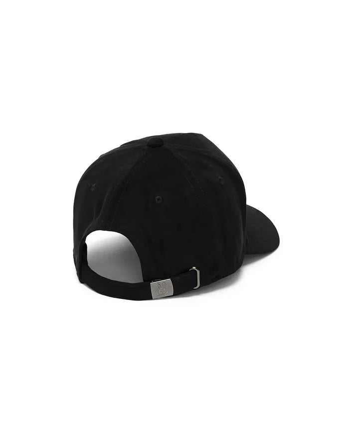 Mens Kenneth A-Frame Trucker Cap in black, featuring a smooth twill texture, an adjustable back strap with a gunmetal buckle, and a small embossed Psycho Bunny skull logo.