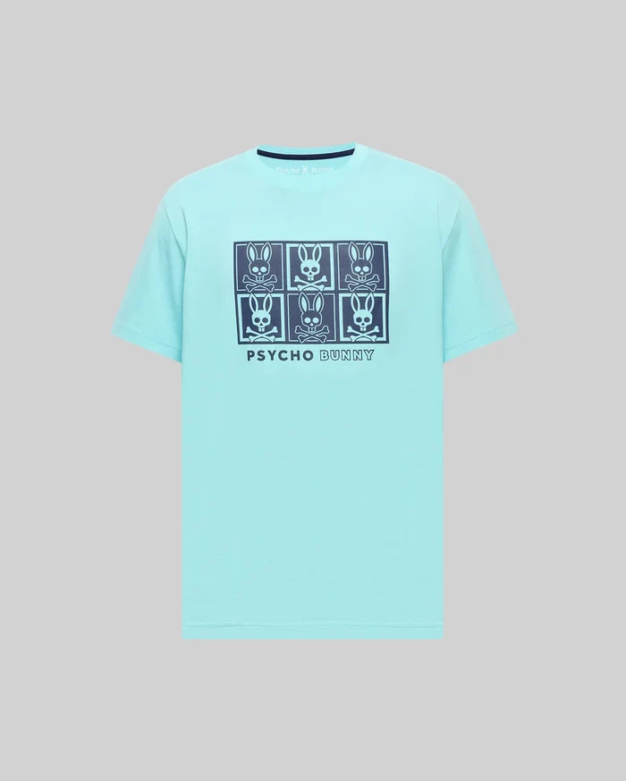 Mens Keon Graphic Tee, an aqua classic fit jersey knit t-shirt featuring a large dark blue grid graphic of six Psycho Bunny skull logos and text on the chest, with a ribbed crew neck.