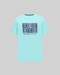 Mens Keon Graphic Tee, an aqua classic fit jersey knit t-shirt featuring a large dark blue grid graphic of six Psycho Bunny skull logos and text on the chest, with a ribbed crew neck.