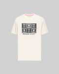 Mens Keon Graphic Tee, a cream classic fit jersey t-shirt featuring a prominent black 2x3 grid graphic of the iconic bunny skull logo and Psycho Bunny text on the chest, with a subtle pink inner neckline trim.