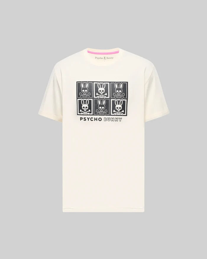 Mens Keon Graphic Tee, a cream classic fit jersey t-shirt featuring a prominent black 2x3 grid graphic of the iconic bunny skull logo and Psycho Bunny text on the chest, with a subtle pink inner neckline trim.